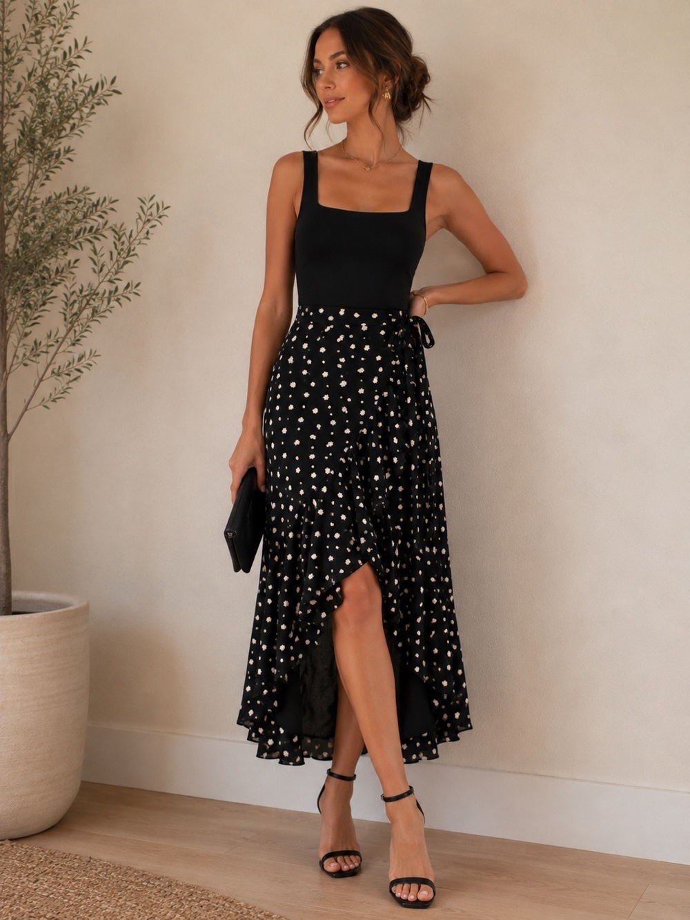 Hutch Black Floral Embroidered Wrap Maxi Skirt Size Small Boho